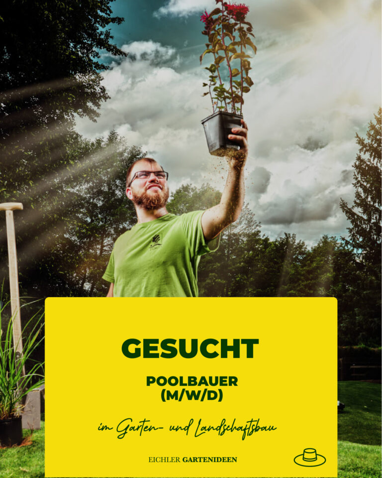 Stellenanzeige Poolbauer (m/w/d). Mitarbeiter in grünem Shirt hält eine Rose erfolgreich nach oben