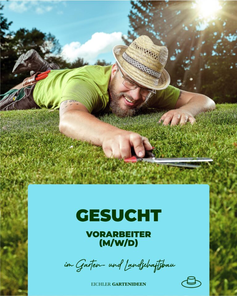 Vorarbeiter im GaLaBau gesucht. Mitarbeiter liegt mit Gartenschere auf dem Gras und schneidet es zurecht